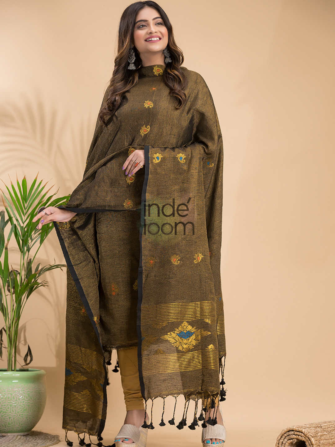 Olive Green Tissue Linen 2-Piece Set Kurti & Dupatta (UNSTITCHED) - 035