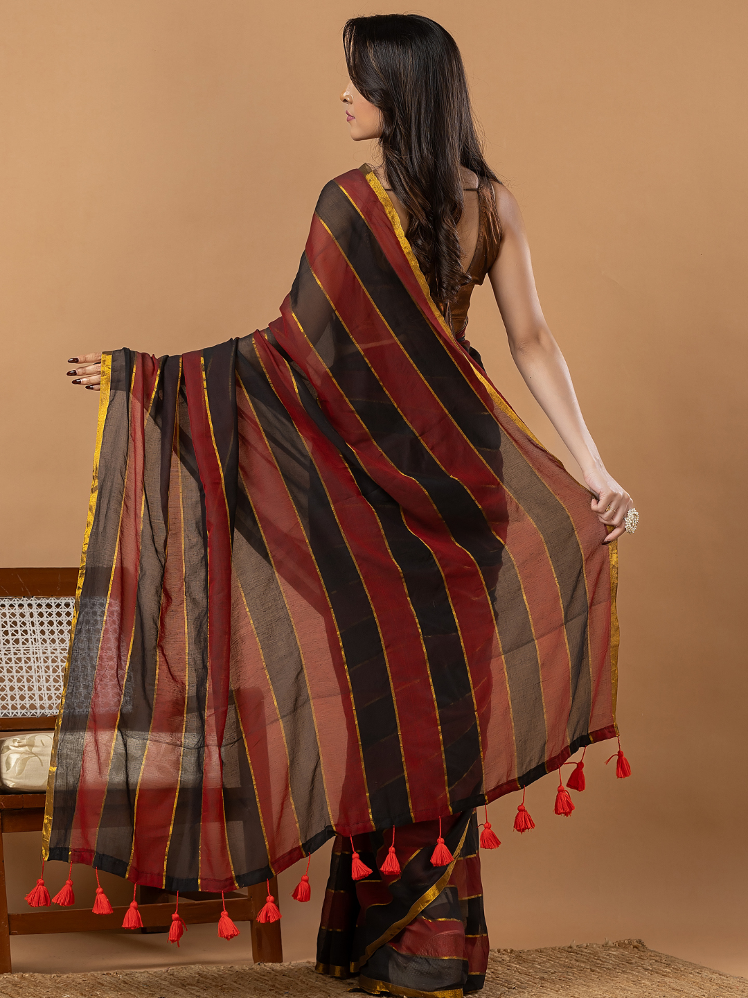 Pure Handloom Mul Cotton Saree | Black And Rust Stripes