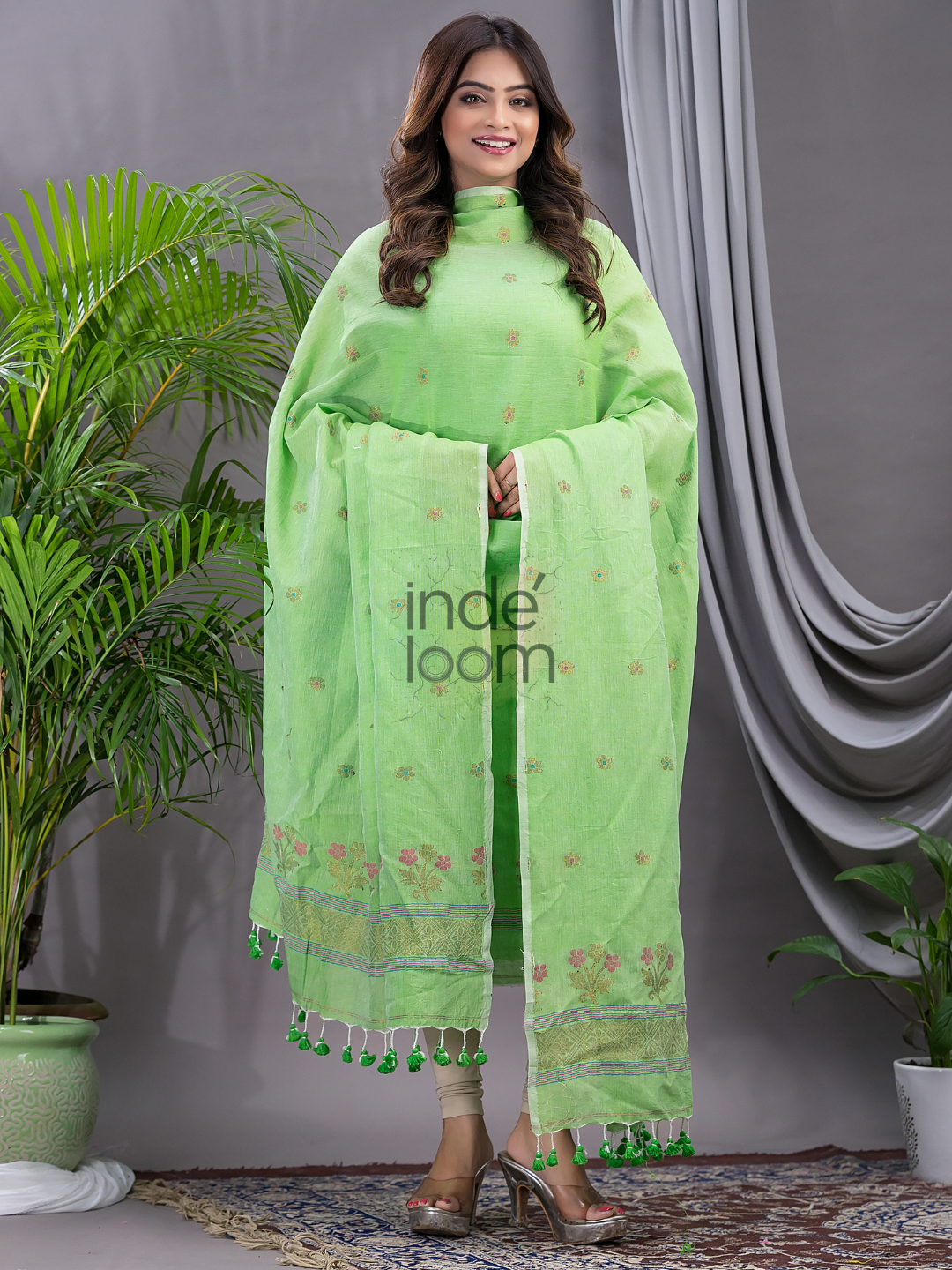 Lime Green 120 Count Cotton Jamdani 2-Piece Set Kurti & Dupatta (UNSTITCHED) - 135