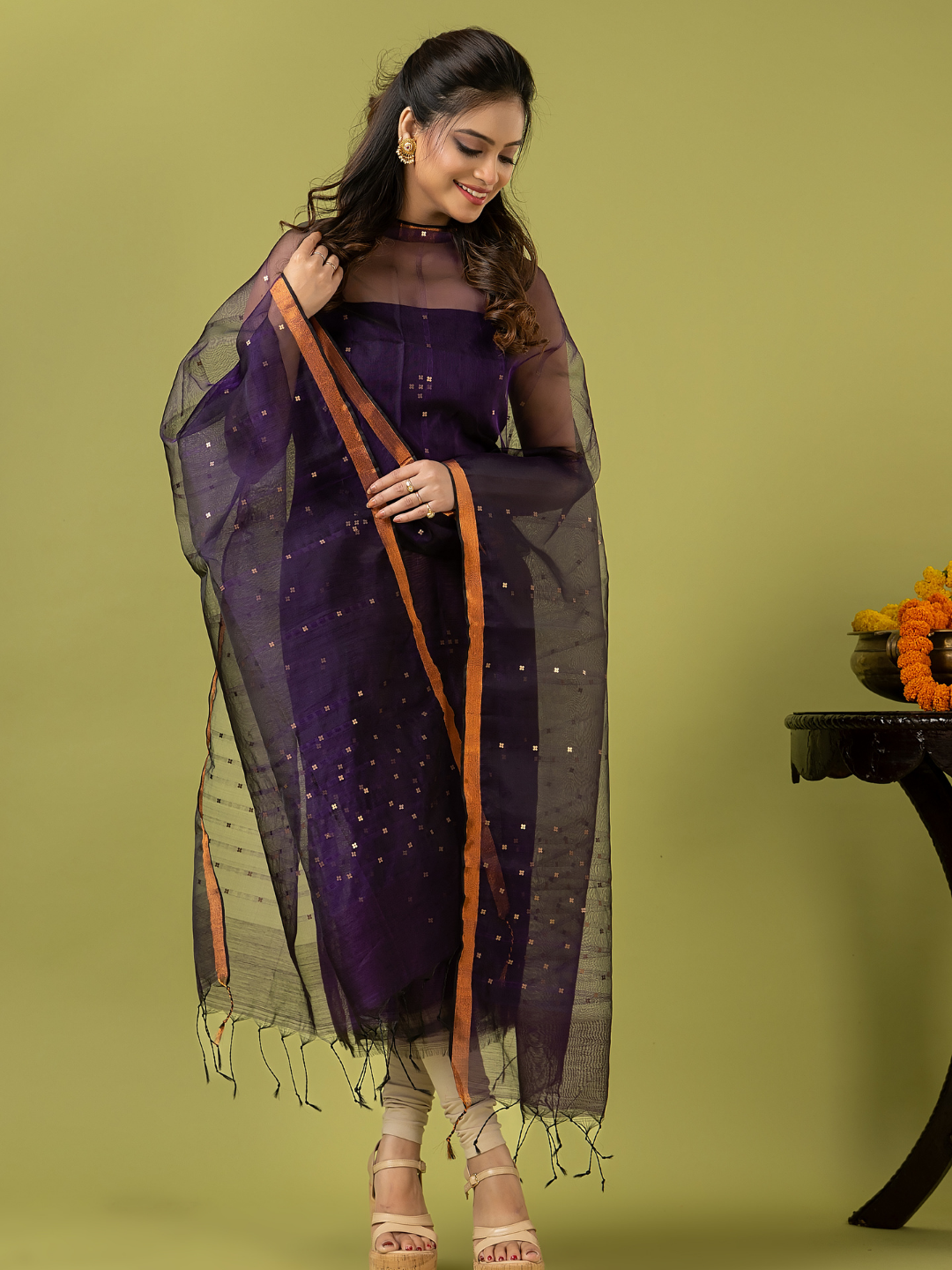 Handwoven Jamdani Muslin Unstitched 2-piece Kurti | Deep Violet