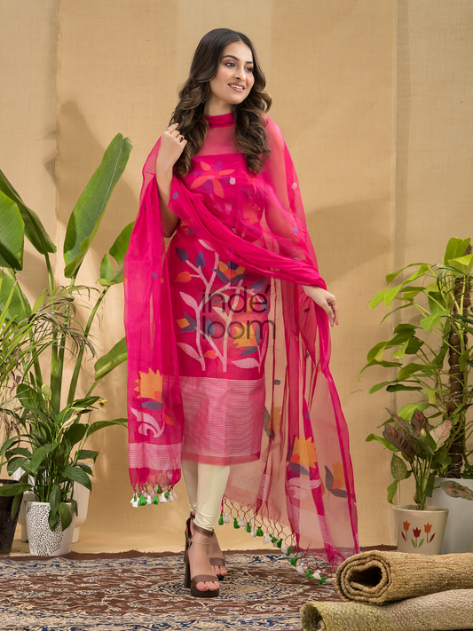 Deep Pink  Jamdani -Piec2-Piece Set Kurti & Dupatta (UNSTITCHED) -748