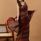 Pure Handloom Mul Cotton Saree | Black And Rust Stripes