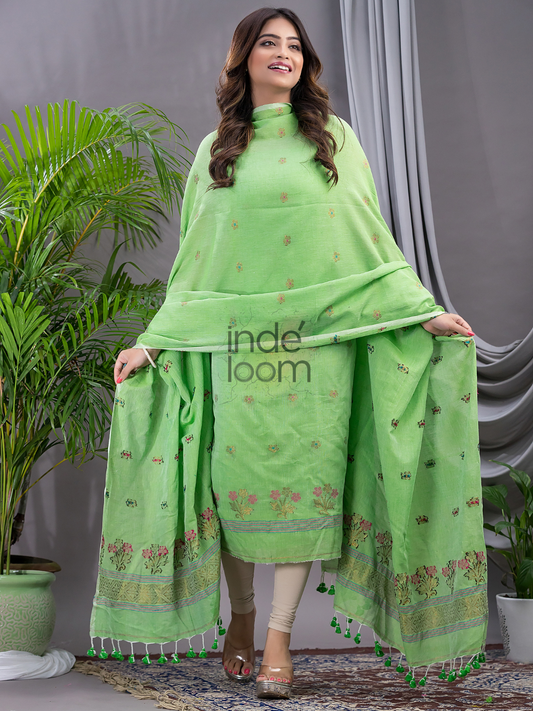 Lime Green 120 Count Cotton Jamdani 2-Piece Set Kurti & Dupatta (UNSTITCHED) - 135