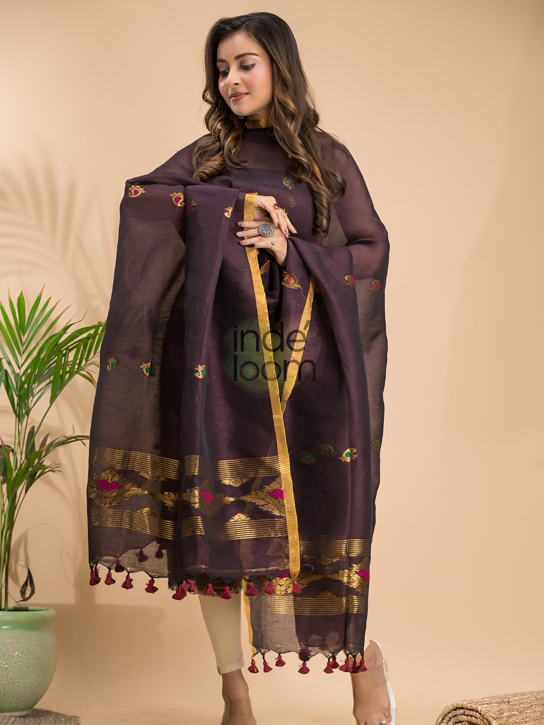 Dark Purple Tissue Linen 2-Piece Set Kurti & Dupatta (UNSTITCHED) - 036