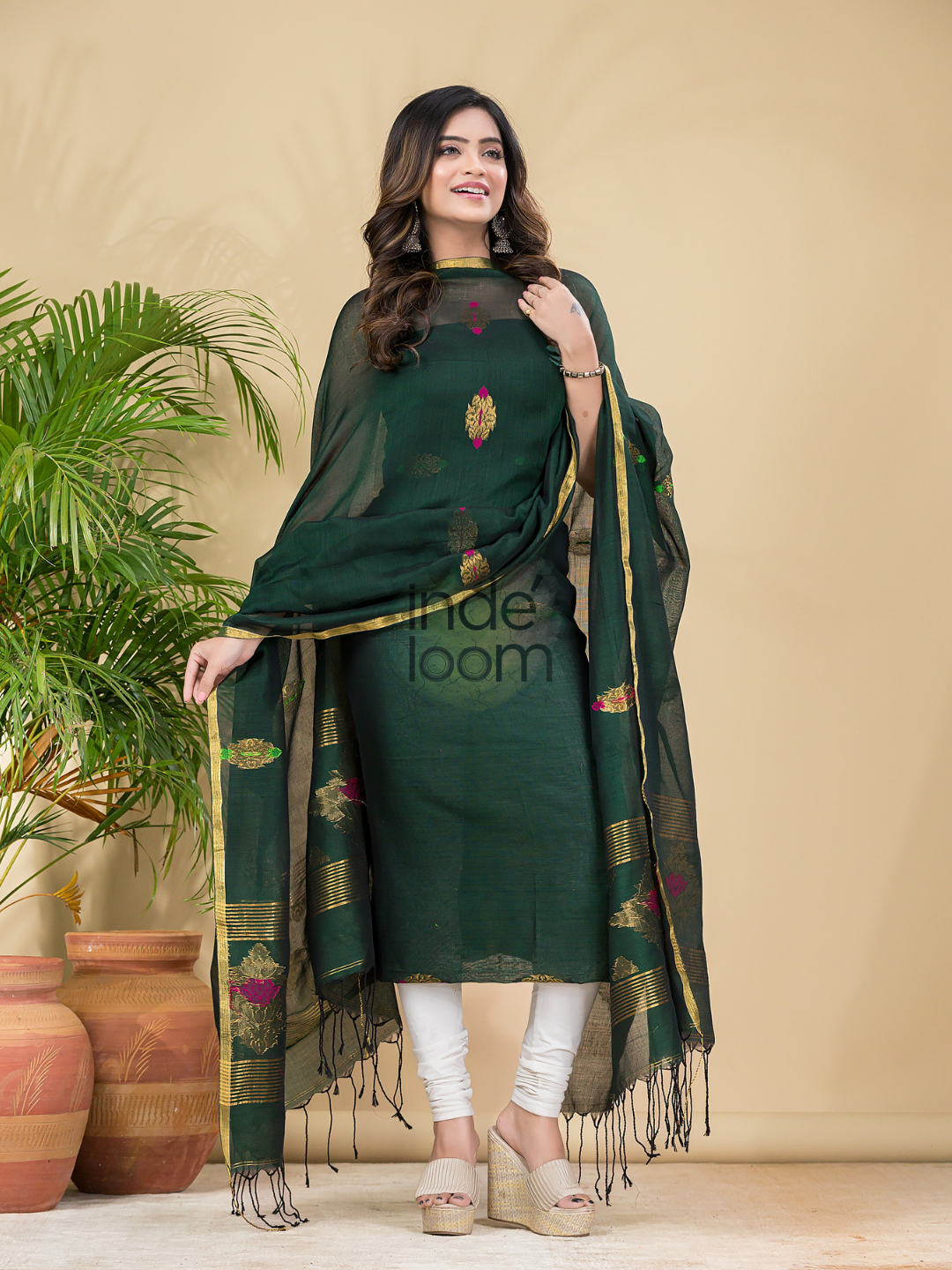 Pine Green Mercerised Cotton Meenakari Motif 2-Piece Kurti & Dupatta (UNSTITCHED)-872