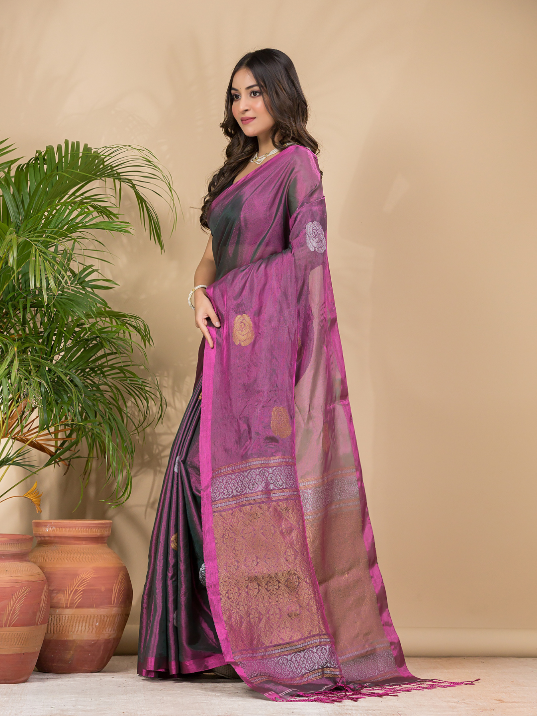 Tissue Silk Saree With Shaded Wine Purple - 032