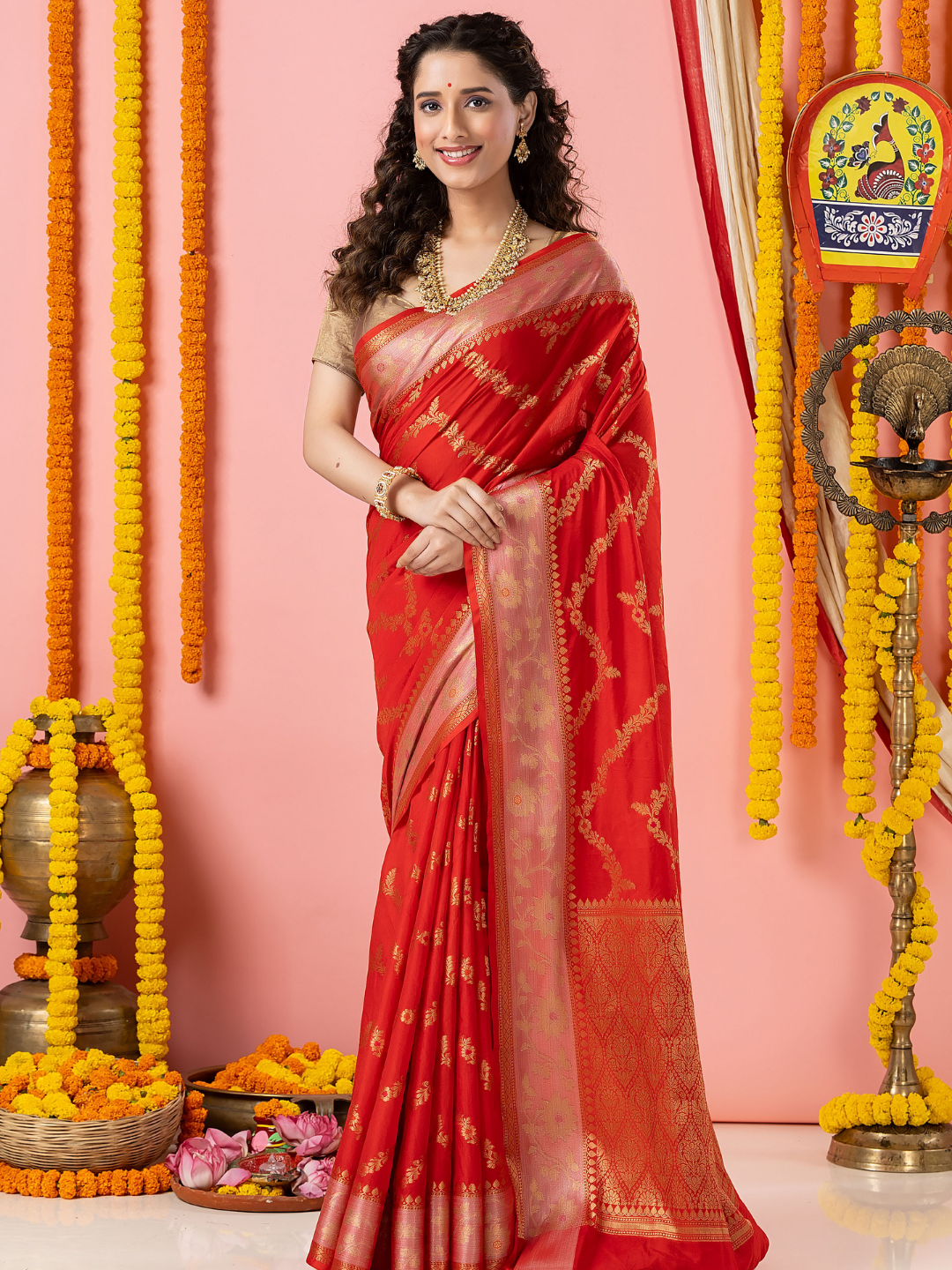 Classic Benarasi Katan Semi Silk Saree | Classic Red