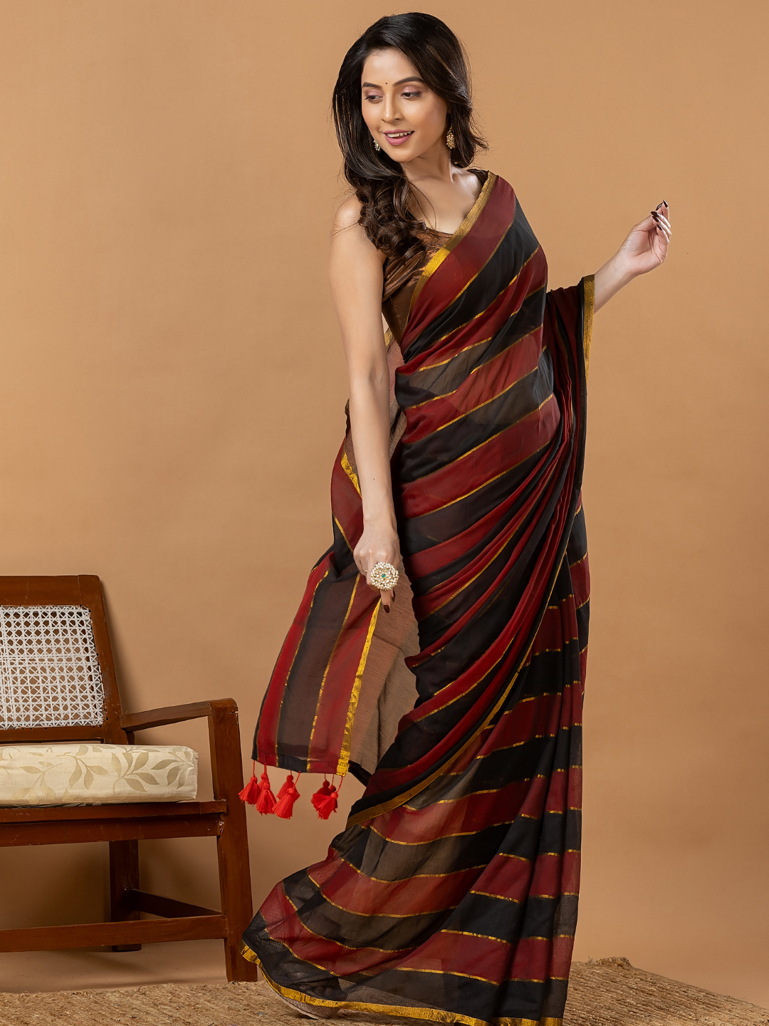 Pure Handloom Mul Cotton Saree | Black And Rust Stripes