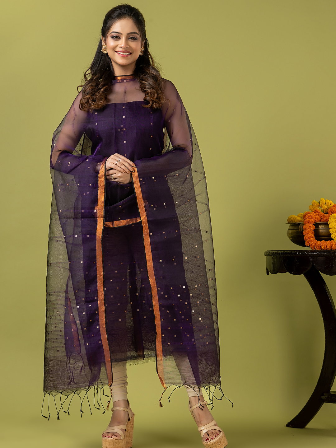 Handwoven Jamdani Muslin Unstitched 2-piece Kurti | Deep Violet