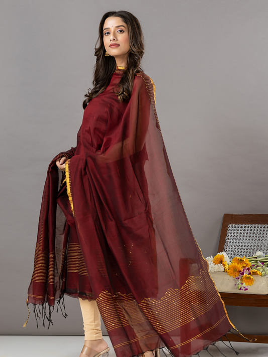 Handwoven Jamdani Linen Unstitched 2-Piece Kurti | Wine Maroon