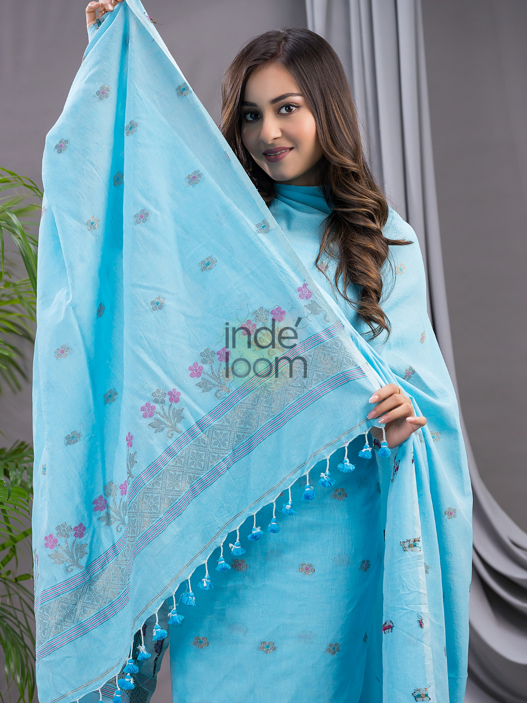 Sky Blue 120 Count Cotton Jamdani 2-Piece Set Kurti & Dupatta (UNSTITCHED) - 136
