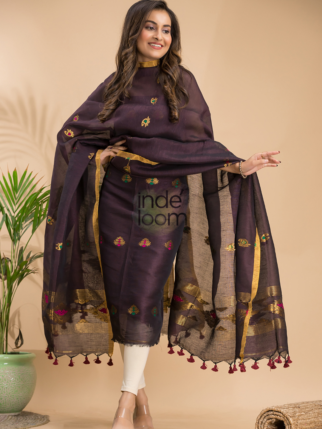 Dark Purple Tissue Linen 2-Piece Set Kurti & Dupatta (UNSTITCHED) - 036
