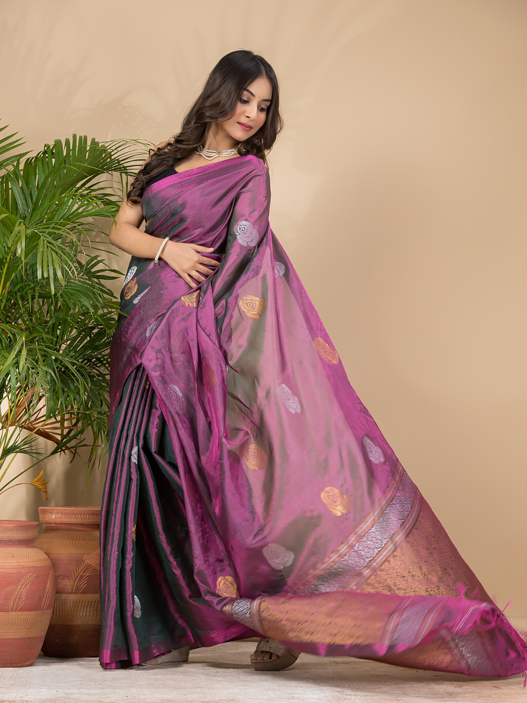 Tissue Silk Saree With Shaded Wine Purple - 032