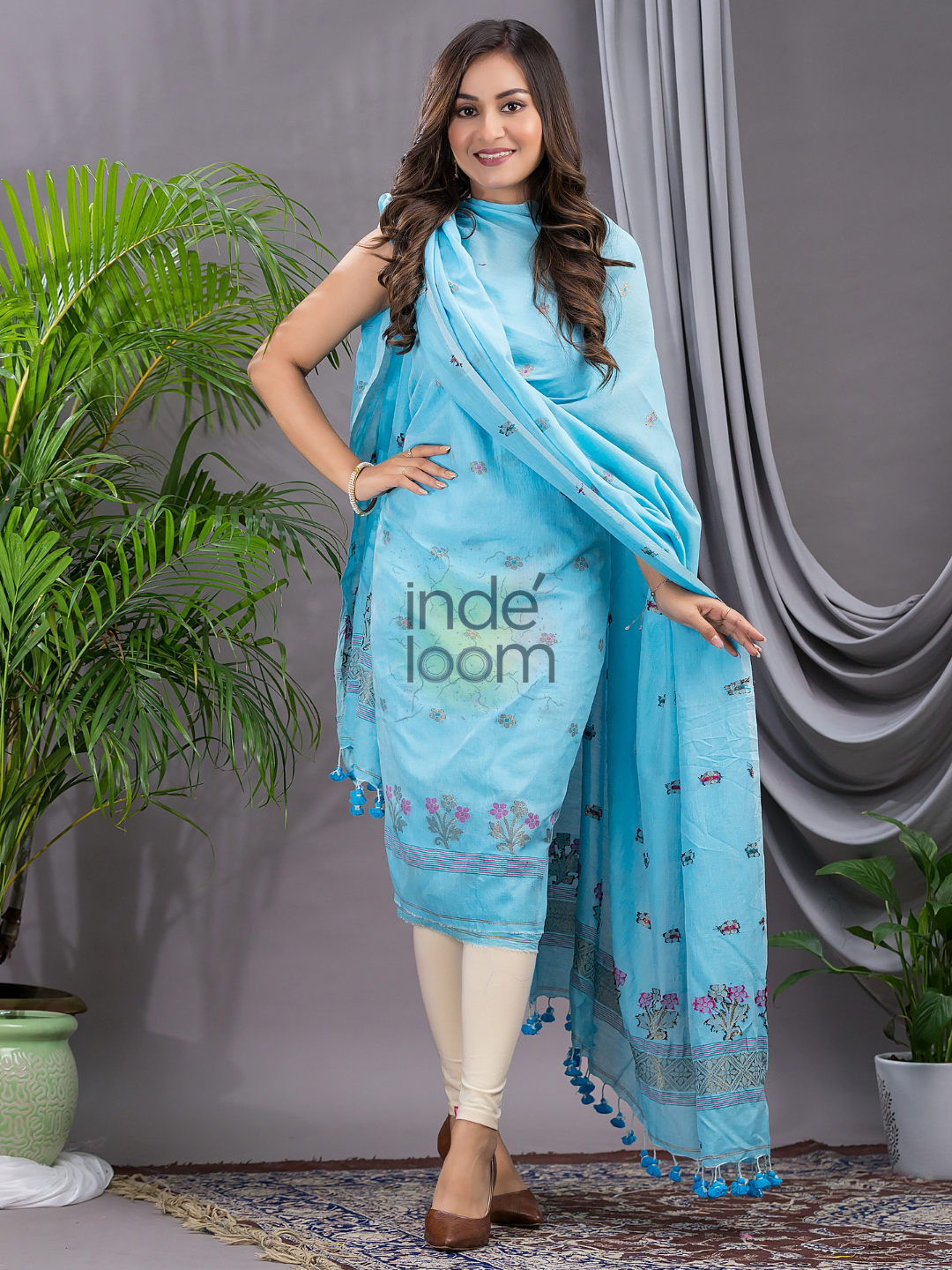 Sky Blue 120 Count Cotton Jamdani 2-Piece Set Kurti & Dupatta (UNSTITCHED) - 136