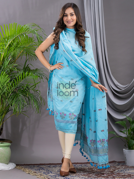 Sky Blue 120 Count Cotton Jamdani 2-Piece Set Kurti & Dupatta (UNSTITCHED) - 136