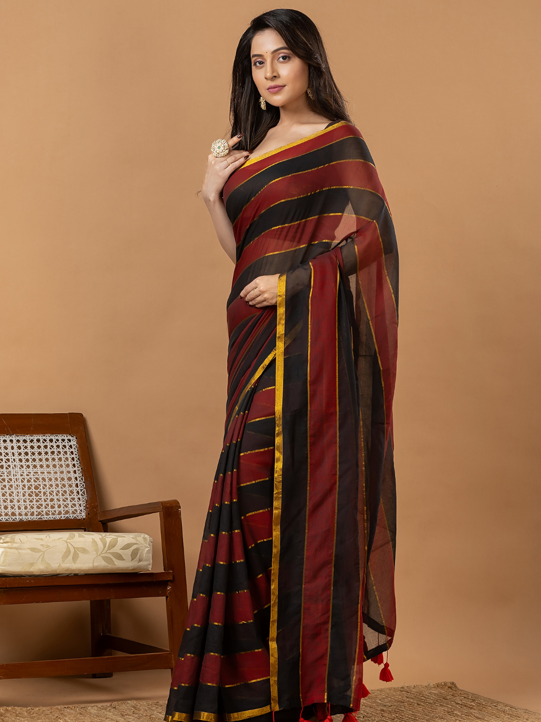 Pure Handloom Mul Cotton Saree | Black And Rust Stripes