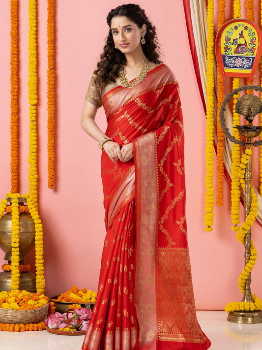Classic Benarasi Katan Semi Silk Saree | Classic Red