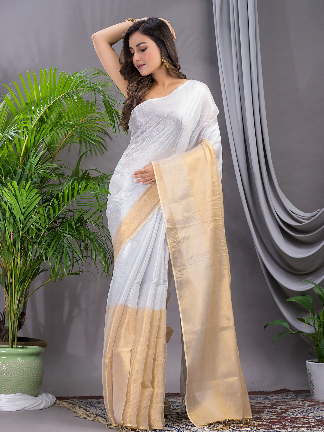 Tissue Silk Saree With Pearl White - 007