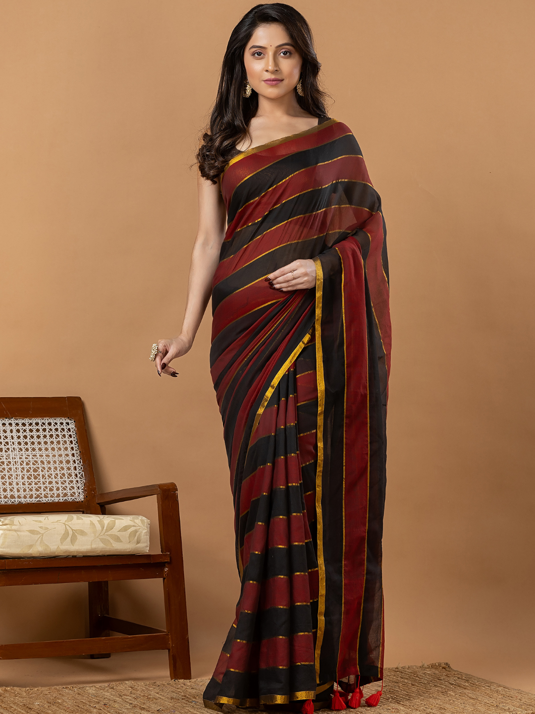 Pure Handloom Mul Cotton Saree | Black And Rust Stripes