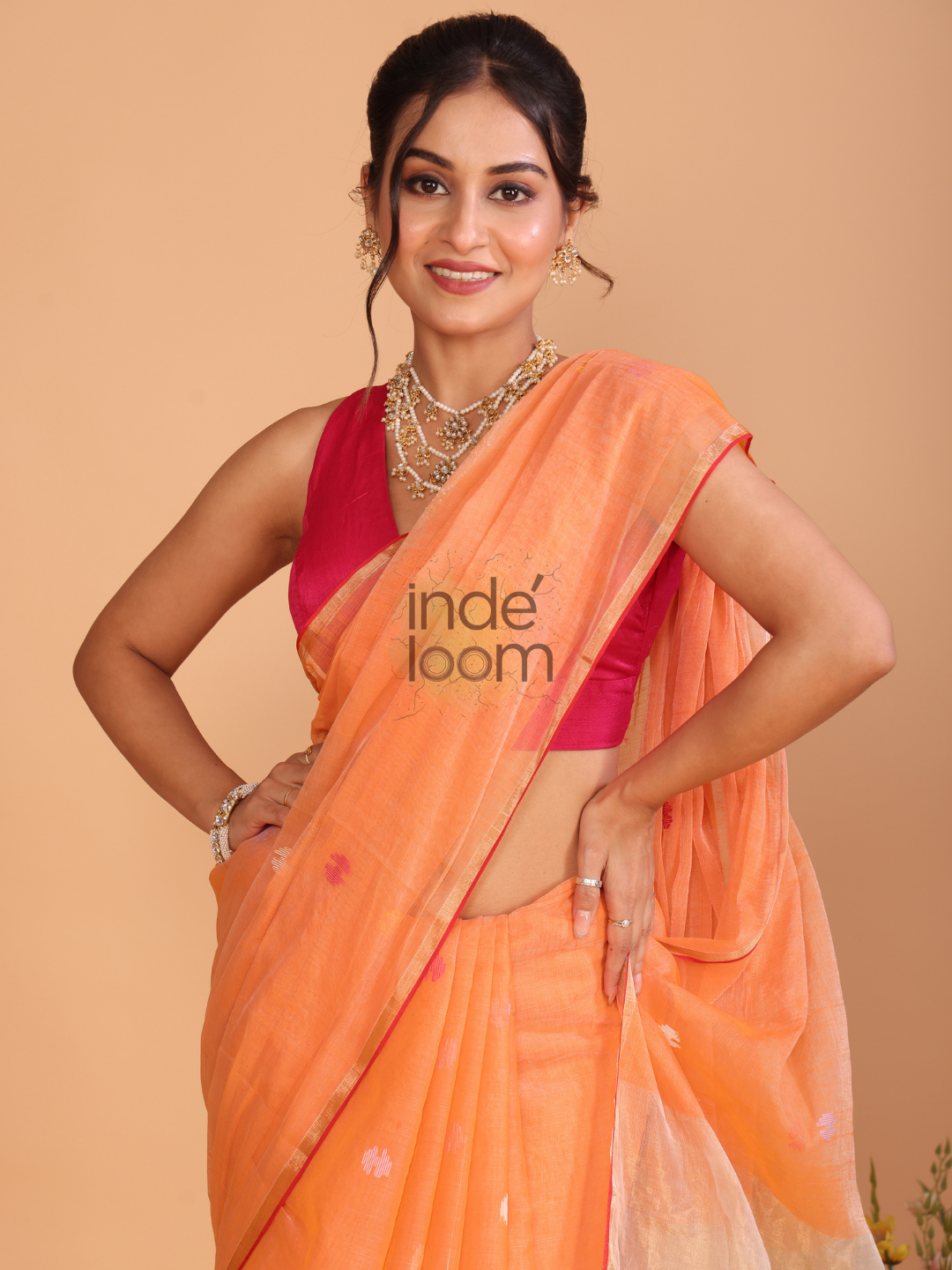Muslin Tissue Jamdani Saree With Coral Orange - 106