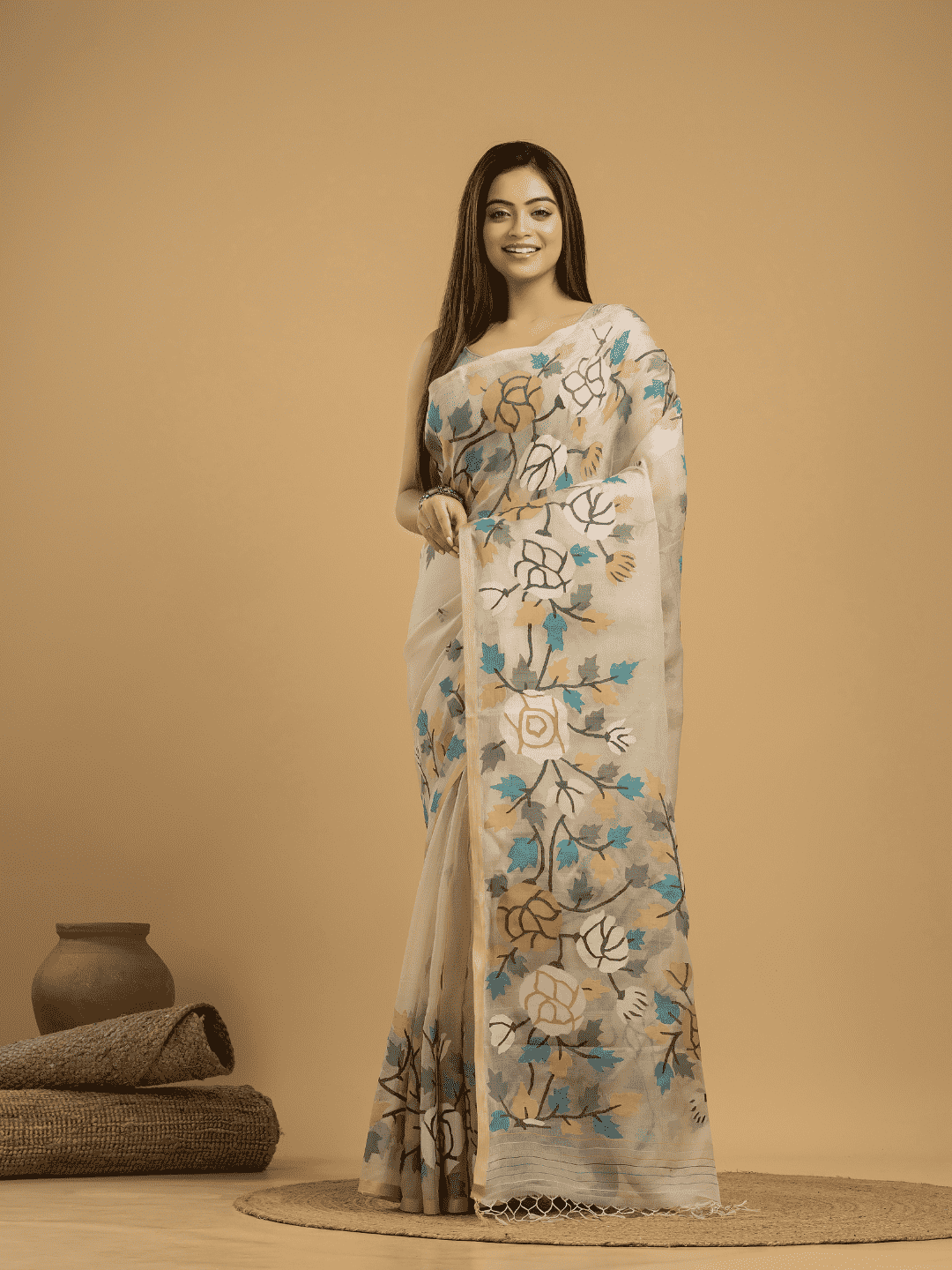 Hand Made Jamdani Saree With Pale Brown - 038
