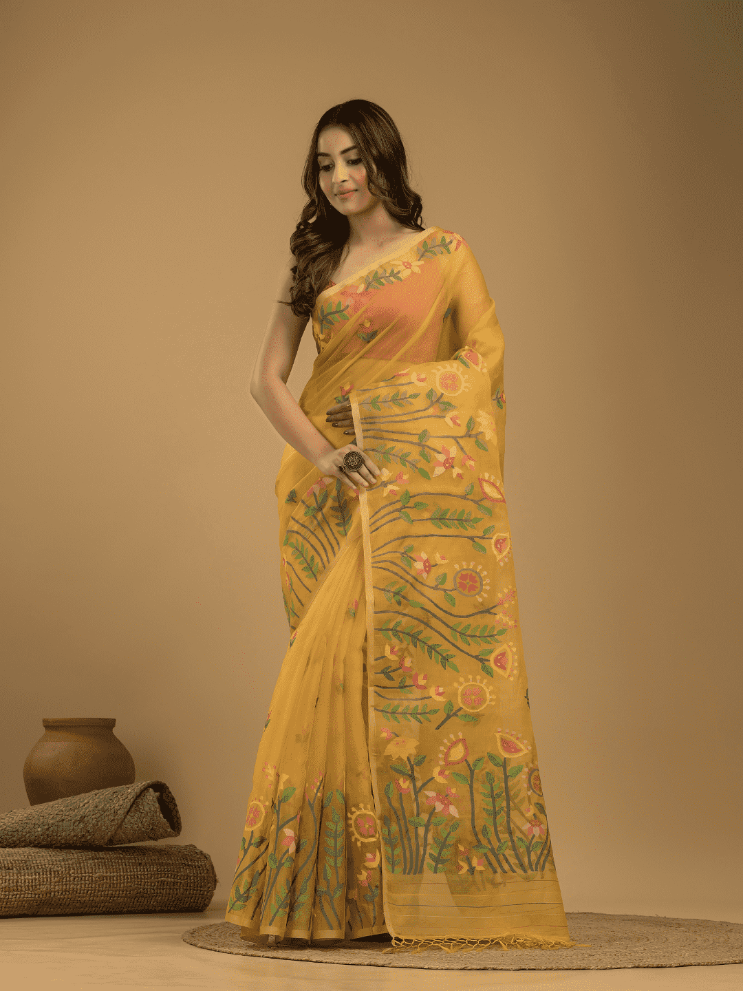 Jamdani Saree With Mustard Yellow - 04 - indeloom
