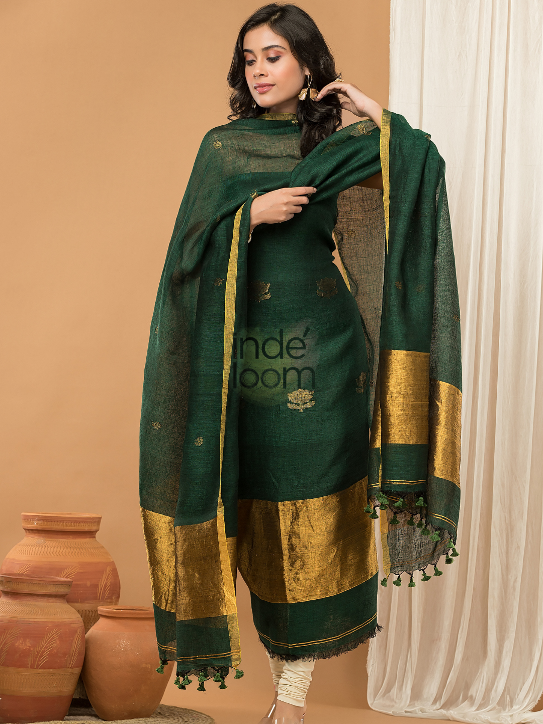 Dark Green Jamdani 2-Piece Set Kurti & Dupatta (UNSTITCHED) - 142