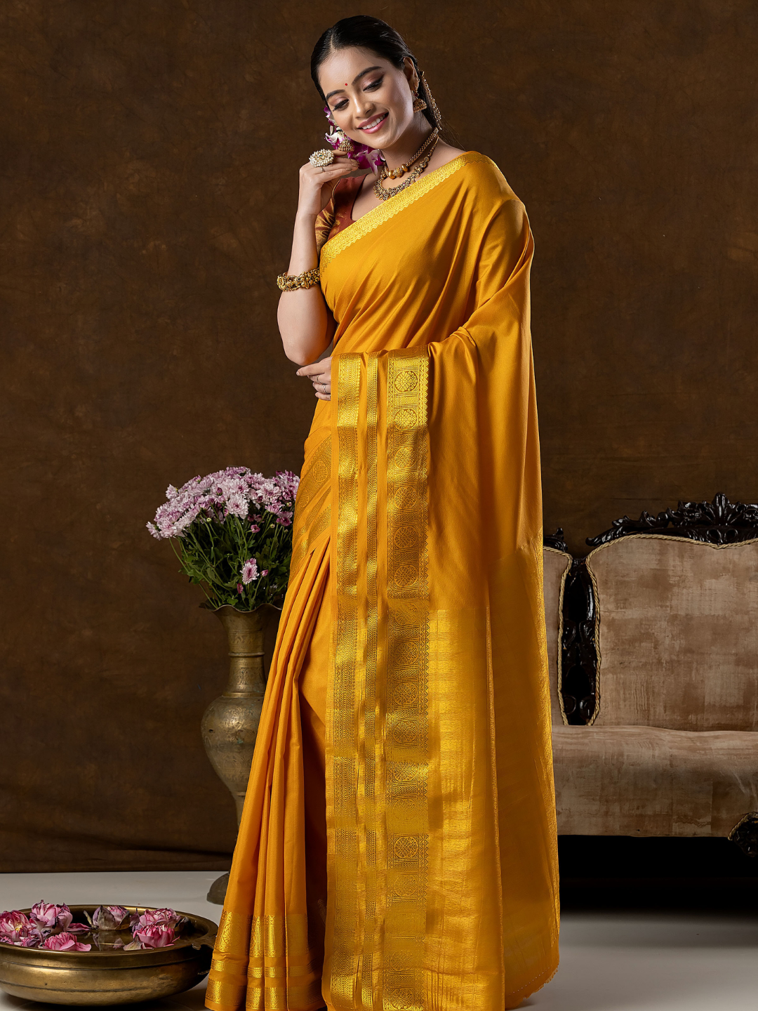 Classic Mysore Semi Silk Saree | Mustard Gold