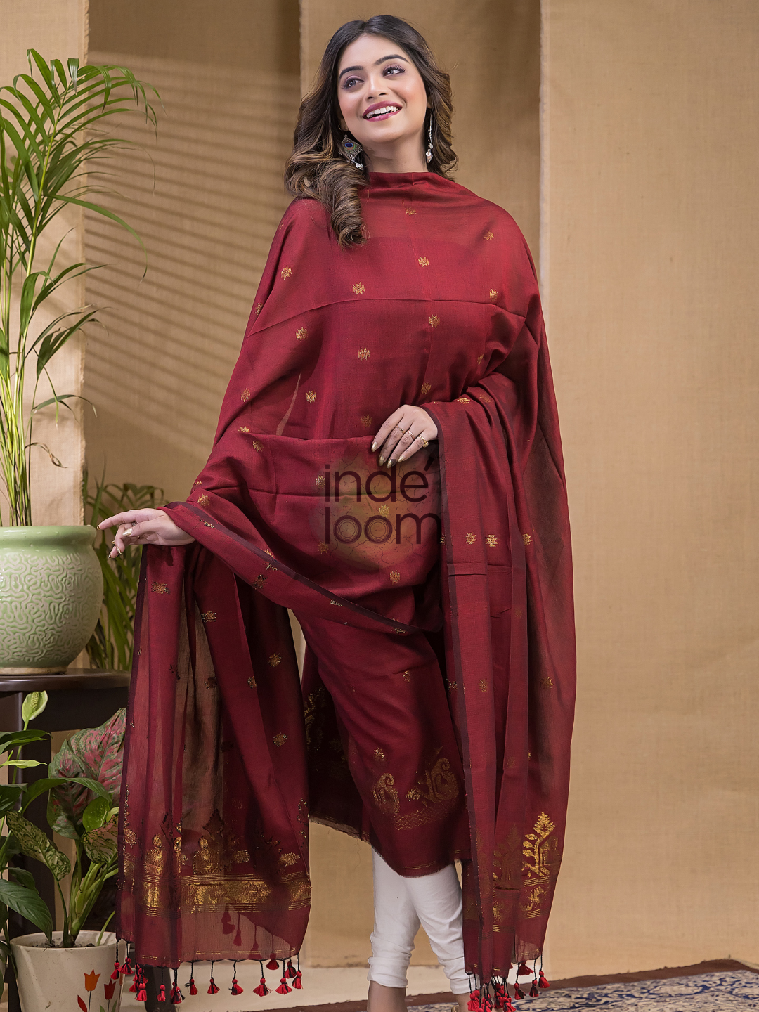 Blood Red Natural Dye Cotton by Cotton (100 Count Soft Cotton) 2 Piece Set Kurti & Dupatta (UNSTITCHED)  -657