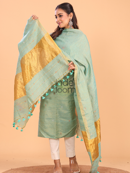 Mint Green Tissue Linen Jamdani 2-Piece Set Kurti & Dupatta (UNSTITCHED) - 054