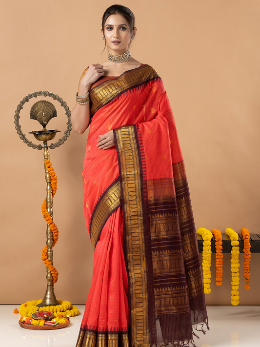 Handloom Korvai Silk Cotton Saree | Coral Red