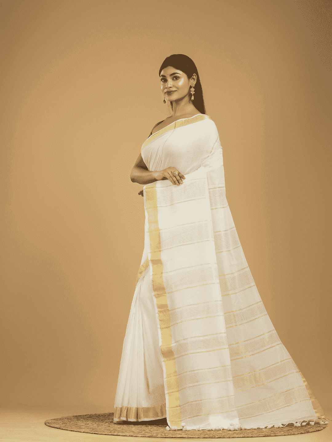 Linen Cotton Saree With Snow White and Yellow Border - 047 - indeloom