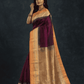 Pure Handloom Korvai Silk Cotton Saree in Deep Purple with Beige and Golden Orange with Temple border - 119
