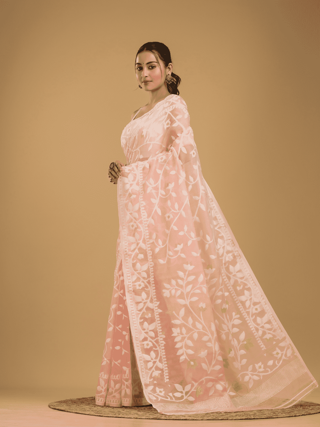 Light Pink Cotton Silk Jamdani Saree - 023 - indeloom