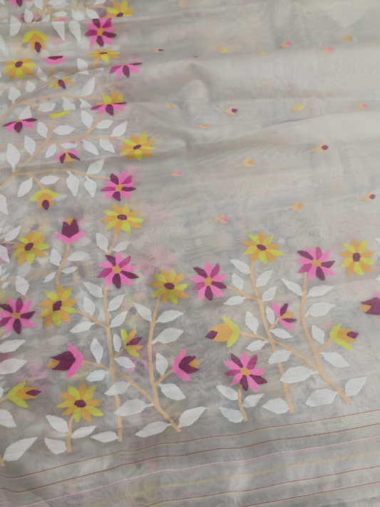 Handwoven Pure Jamdani Cotton Silk Saree  |  Cream Beige