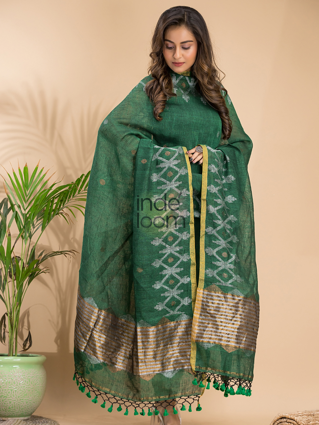Pine Green Linen X Line 2-Piece Set Kurti & Dupatta (UNSTITCHED) - 004