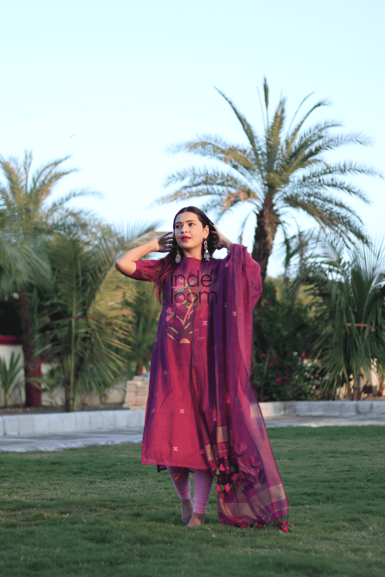 Grape Purple Muslin Jamdani 2-Piece Set Kurti & Dupatta (UNSTITCHED) - 369 - indeloom