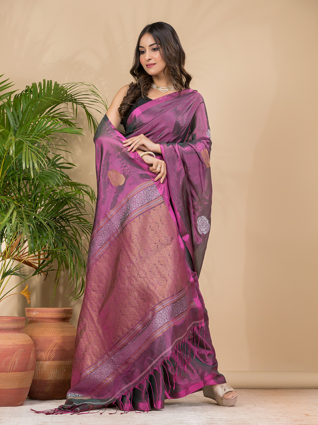 Tissue Silk Saree With Shaded Wine Purple - 032