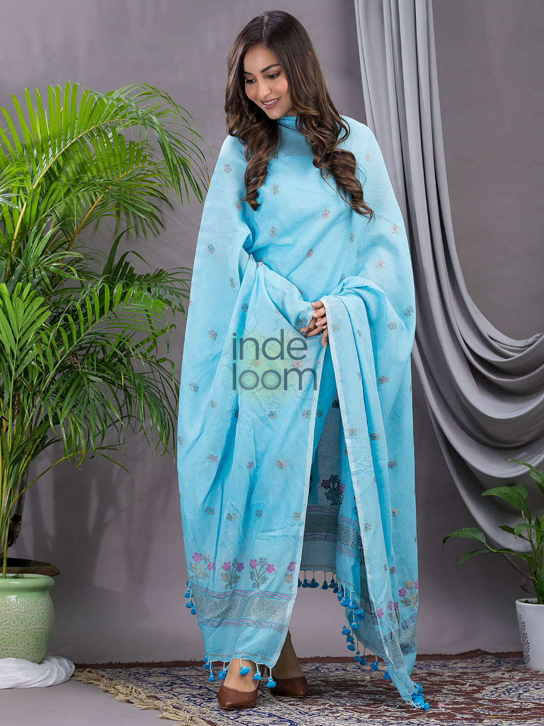 Sky Blue 120 Count Cotton Jamdani 2-Piece Set Kurti & Dupatta (UNSTITCHED) - 136