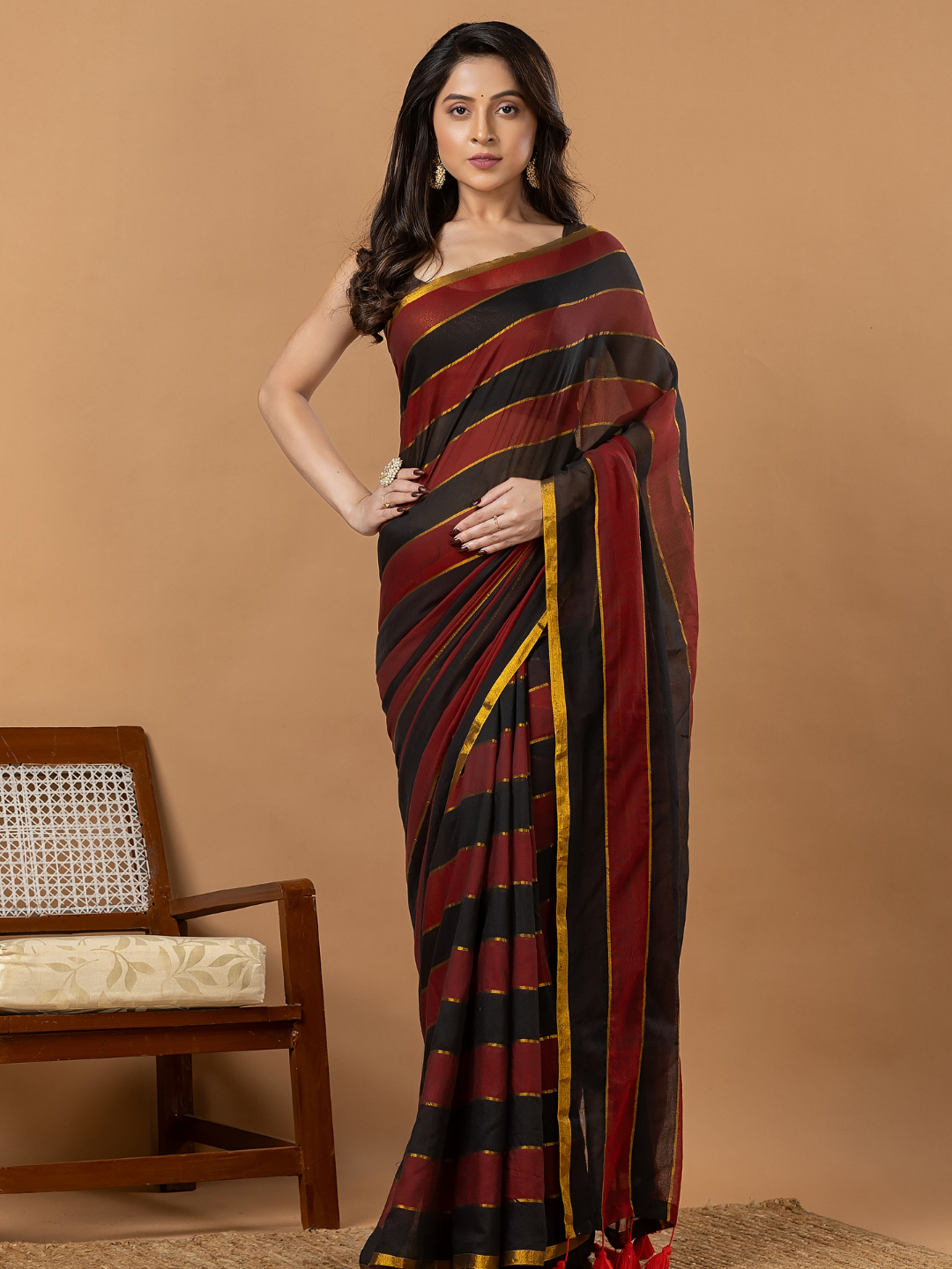 Pure Handloom Mul Cotton Saree | Black And Rust Stripes