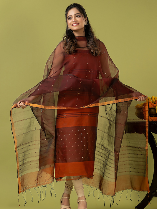 Handwoven Jamdani Muslin Unstitched 2-piece Kurti | Rust Brown