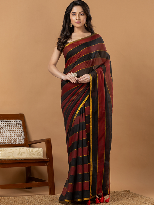 Pure Handloom Mul Cotton Saree | Black And Rust Stripes