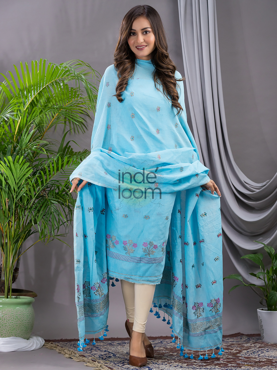 Sky Blue 120 Count Cotton Jamdani 2-Piece Set Kurti & Dupatta (UNSTITCHED) - 136