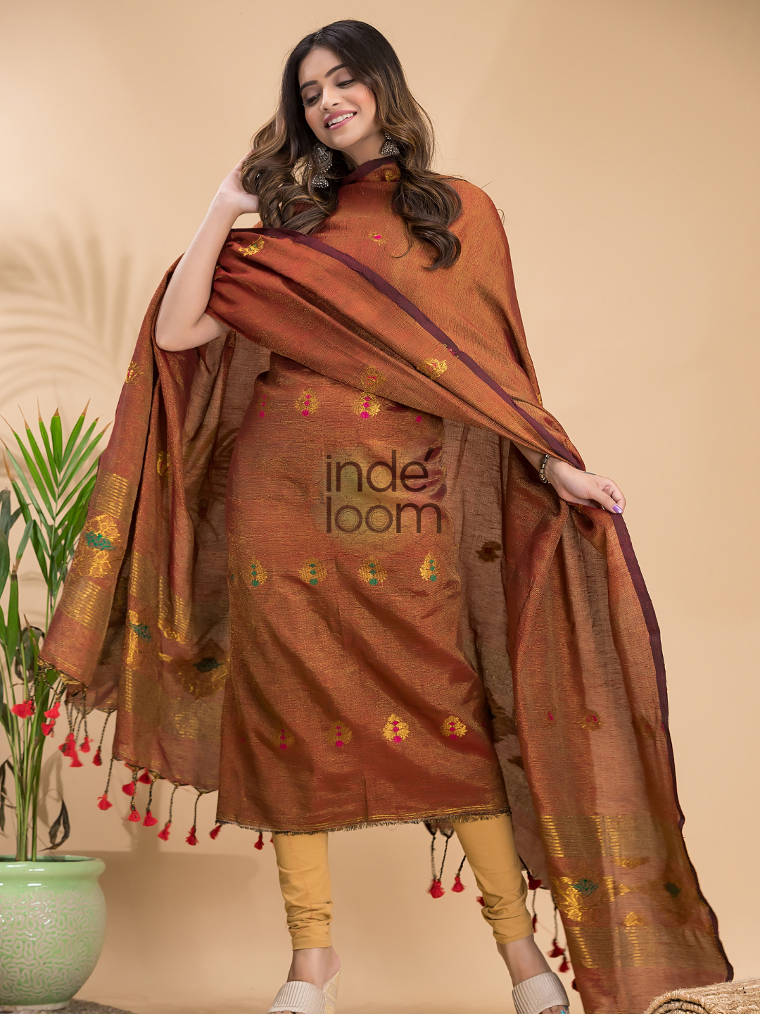 Rust Orange Tissue Linen 2-Piece Set Kurti & Dupatta (UNSTITCHED) - 037
