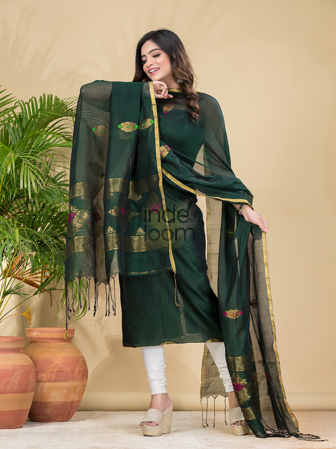 Pine Green Mercerised Cotton Meenakari Motif 2-Piece Kurti & Dupatta (UNSTITCHED)-872