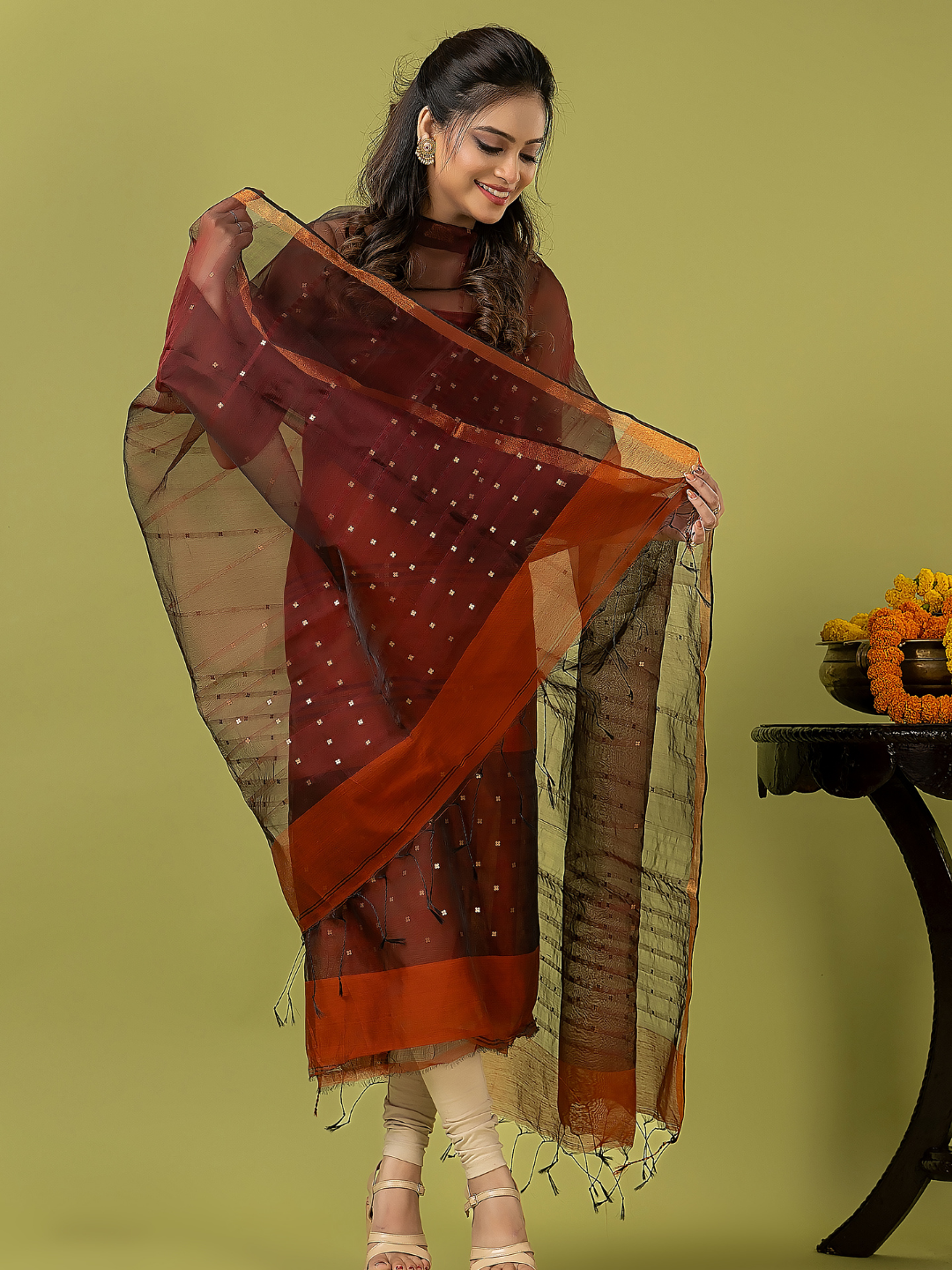 Handwoven Jamdani Muslin Unstitched 2-piece Kurti | Rust Brown