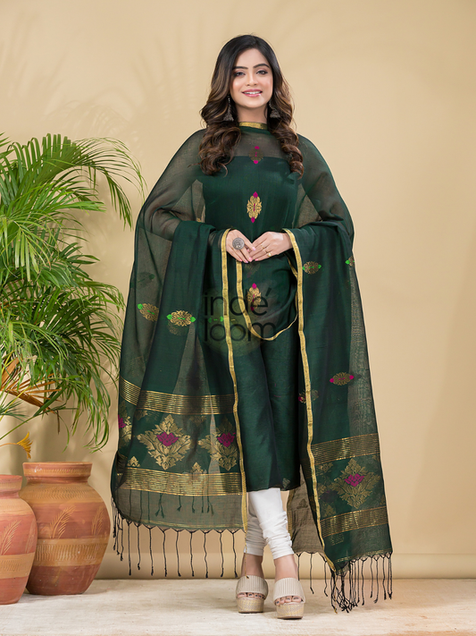 Handwoven Jamdani Cotton Unstitched 2-piece Kurti  |  Bottle Green