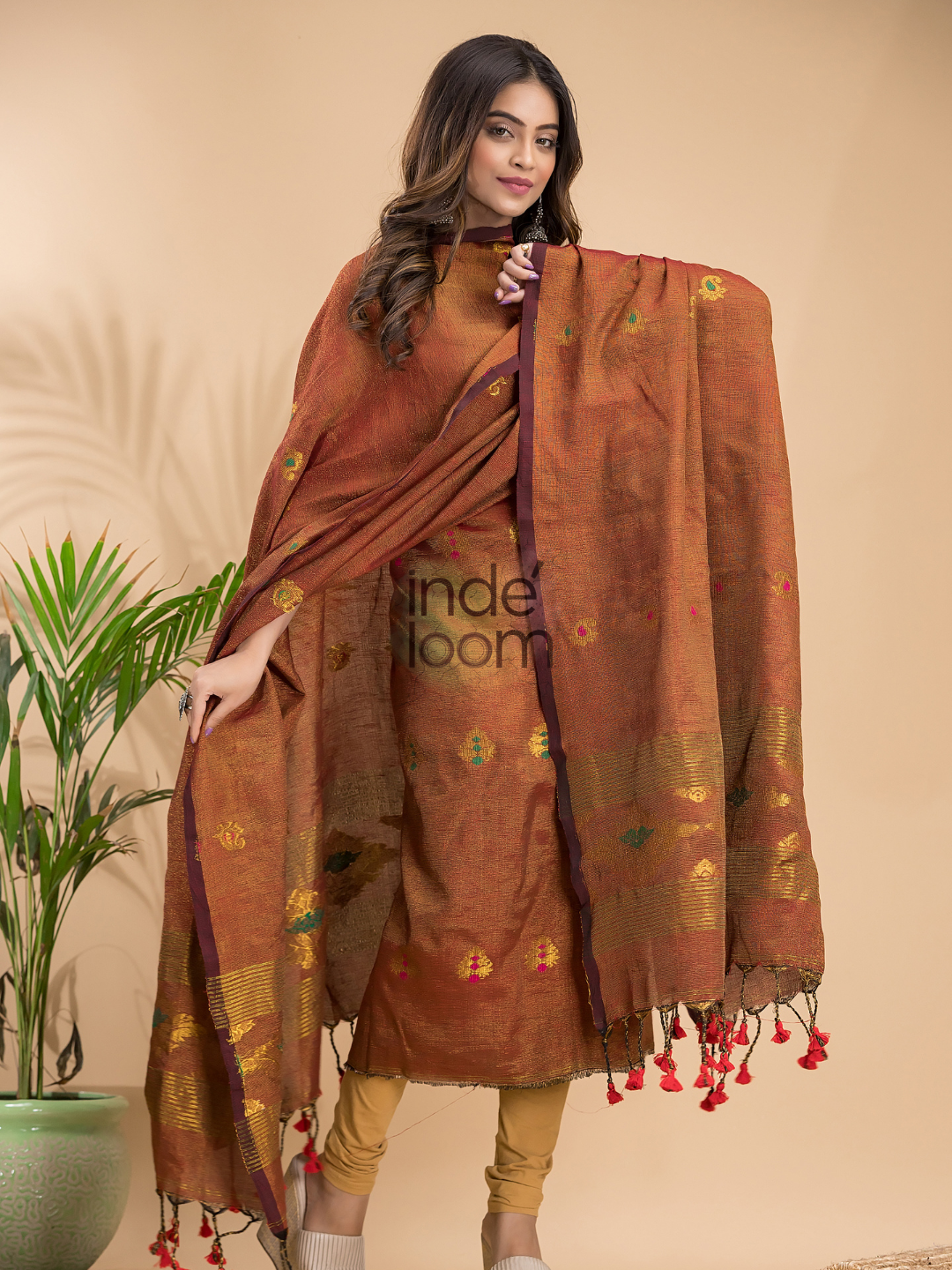 Rust Orange Tissue Linen 2-Piece Set Kurti & Dupatta (UNSTITCHED) - 037