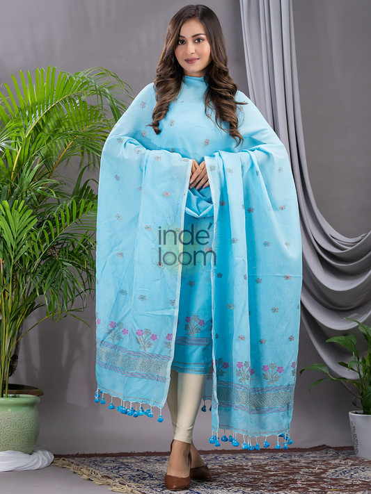 Sky Blue 120 Count Cotton Jamdani 2-Piece Set Kurti & Dupatta (UNSTITCHED) - 136