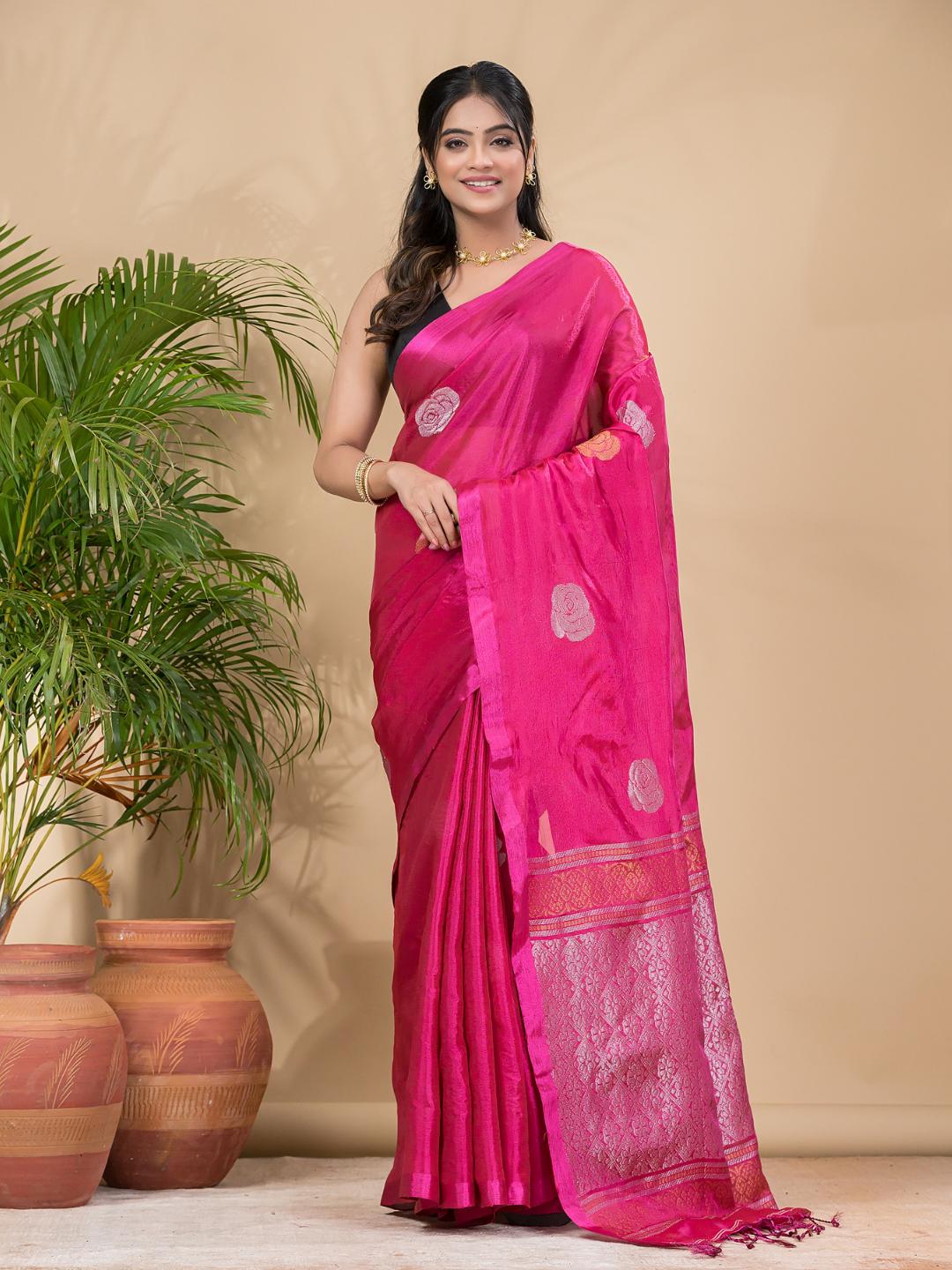Tissue Silk Saree With Shaded Deep Pink - 034